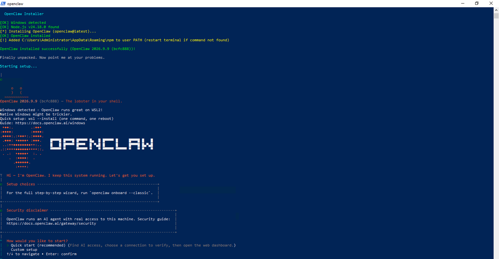 Trình cài báo OpenClaw installed successfully bản 2026.9.9 và mở trình thiết lập, hiện gợi ý chạy trên WSL2