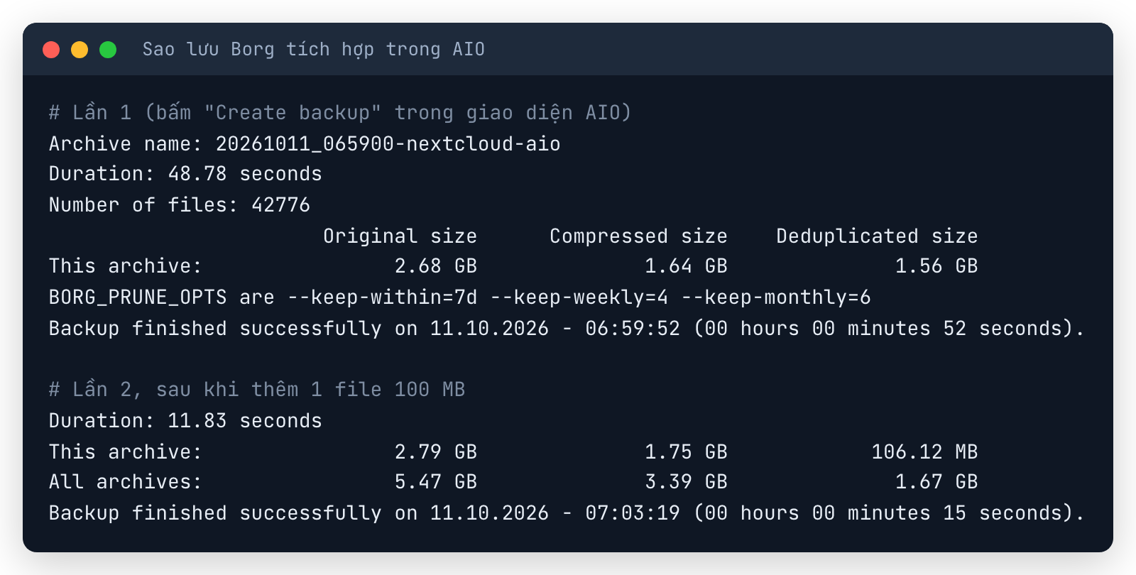 Terminal log BorgBackup của Nextcloud AIO: lần 1 mất 48,78 giây, 2,68GB nén còn 1,64GB, khử trùng 1,56GB; lần 2 mất 11,83 giây, chỉ thêm 106MB