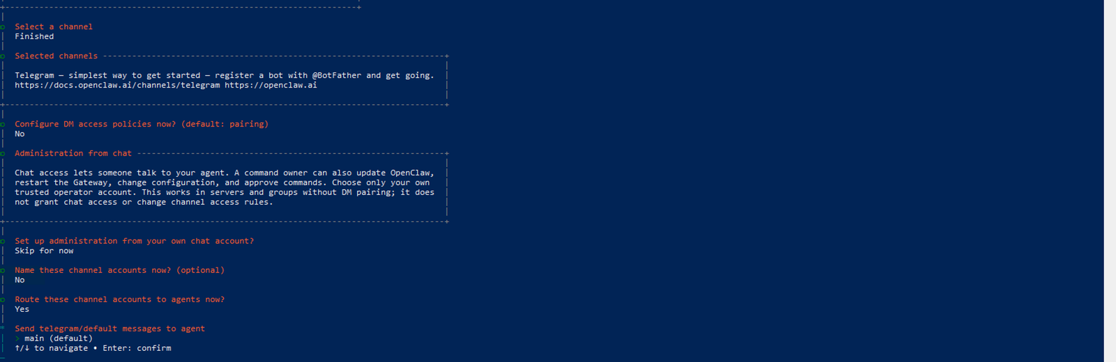 Các câu hỏi phụ của openclaw channels add: DM policy No, administration Skip for now, Name No, Route Yes, gắn vào agent main