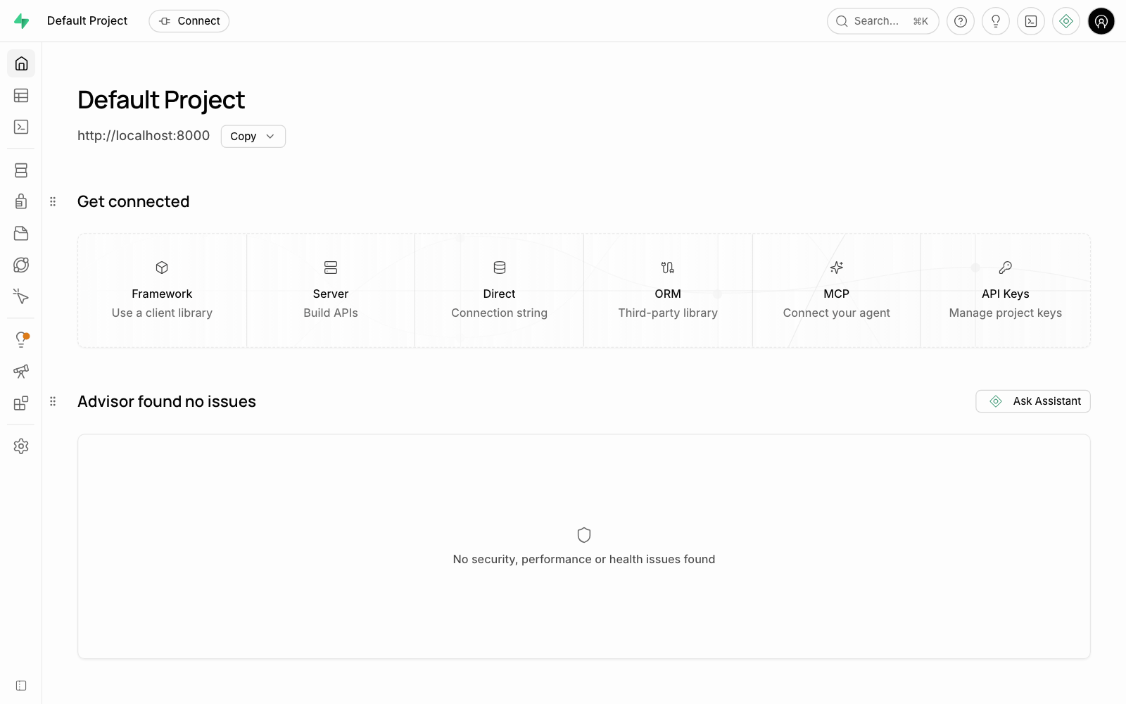 Trang chủ Supabase Studio tự host: Default Project, địa chỉ http://localhost:8000, các thẻ Framework, Server, Direct, ORM, MCP, API Keys