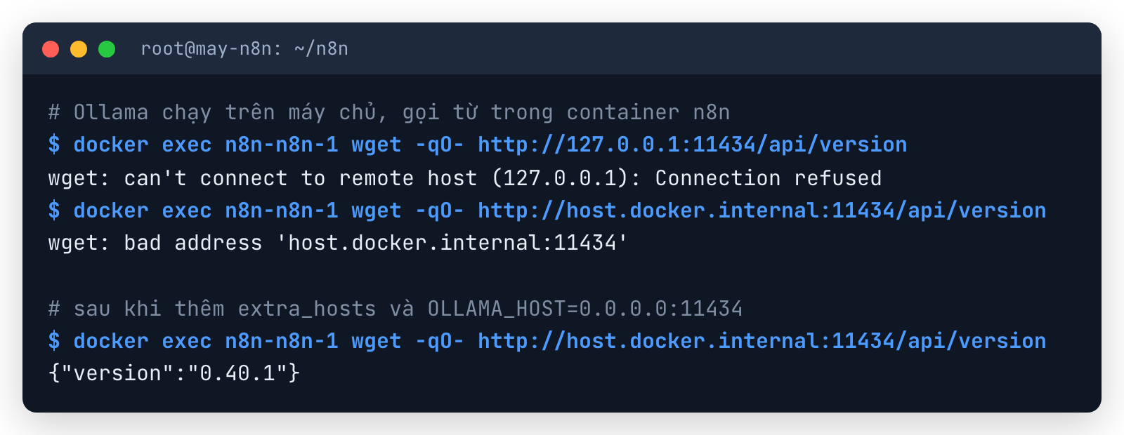 Từ container n8n gọi Ollama: lỗi Connection refused và bad address, sau khi sửa trả version 0.40.1
