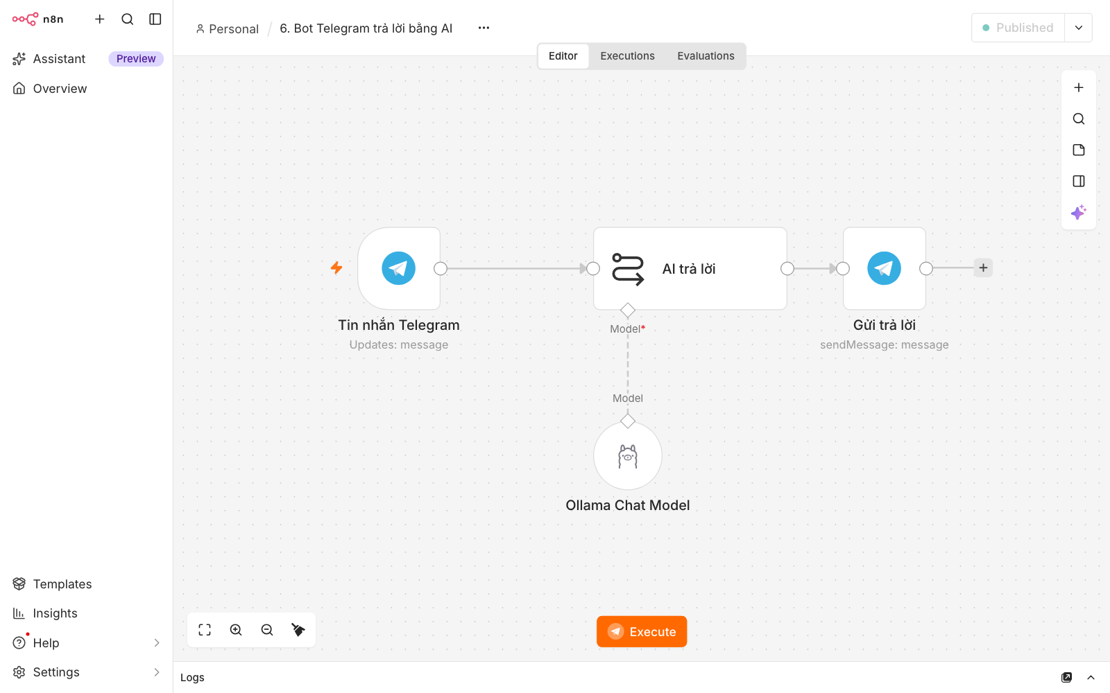 Canvas template bot Telegram trong n8n: Tin nhắn Telegram, AI trả lời nối Ollama Chat Model, Gửi trả lời