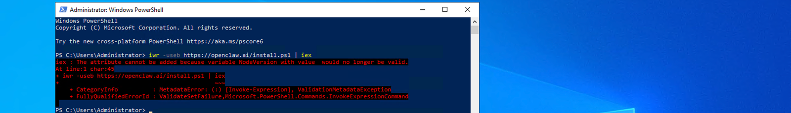 Lệnh iwr install.ps1 | iex báo lỗi The attribute cannot be added because variable NodeVersion trên PowerShell 5.1