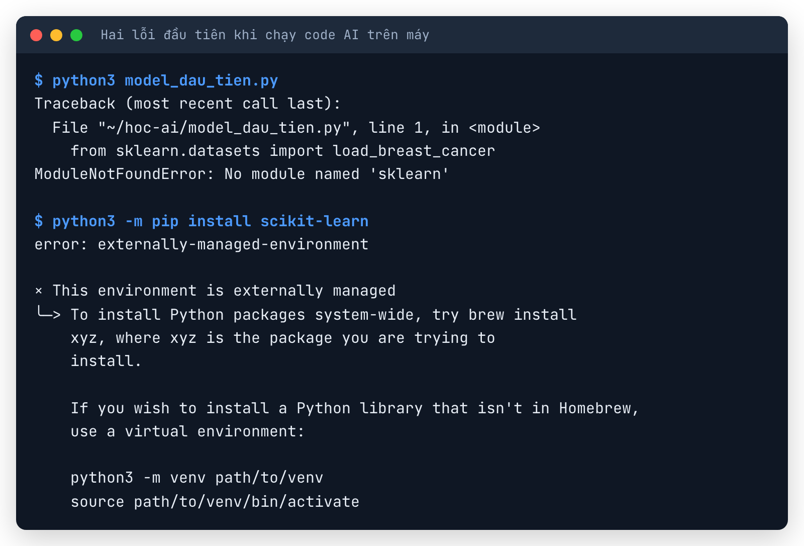 Terminal: python3 model_dau_tien.py báo ModuleNotFoundError No module named sklearn, sau đó pip install scikit-learn báo error externally-managed-environment và gợi ý dùng virtual environment