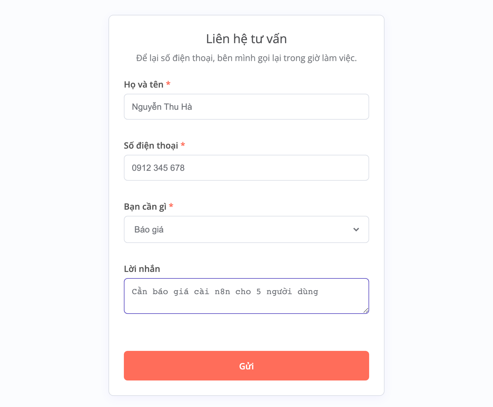 Trang form Liên hệ tư vấn do n8n tạo, có ô Họ và tên, Số điện thoại, danh sách Bạn cần gì và ô Lời nhắn