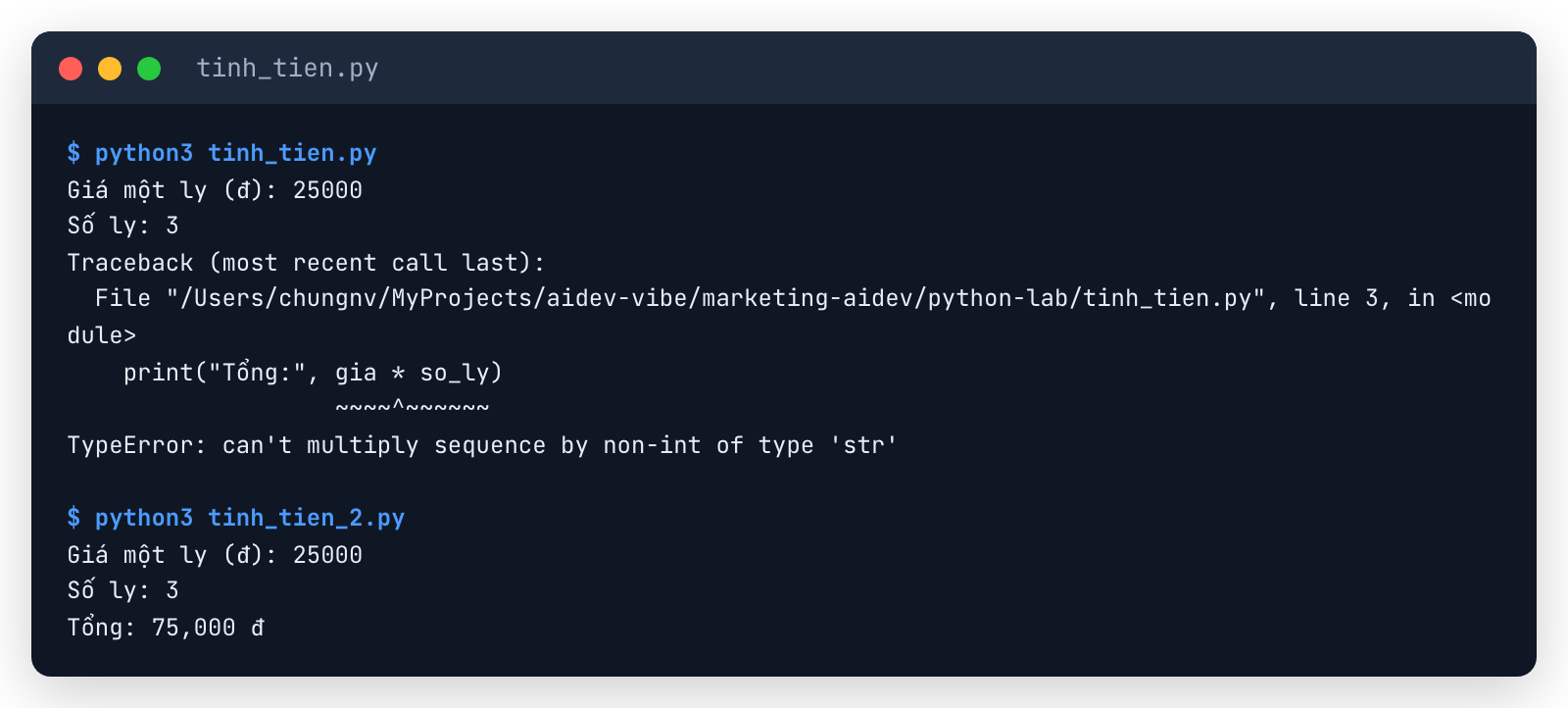 Terminal chạy tinh_tien.py: lần đầu báo TypeError can't multiply sequence by non-int of type str, lần sau có int() thì in Tổng 75,000 đ