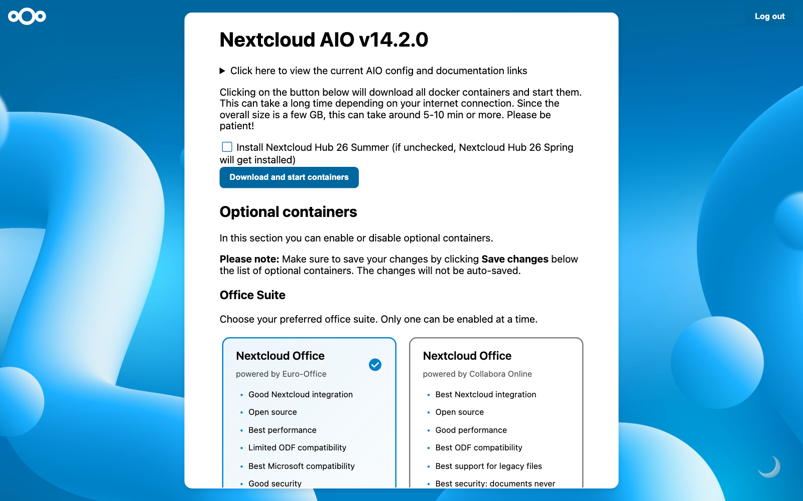 Màn hình chọn của Nextcloud AIO: ô Install Nextcloud Hub 26 Summer chưa tick, nút Download and start containers, mục Office Suite với Nextcloud Office powered by Euro-Office được chọn sẵn
