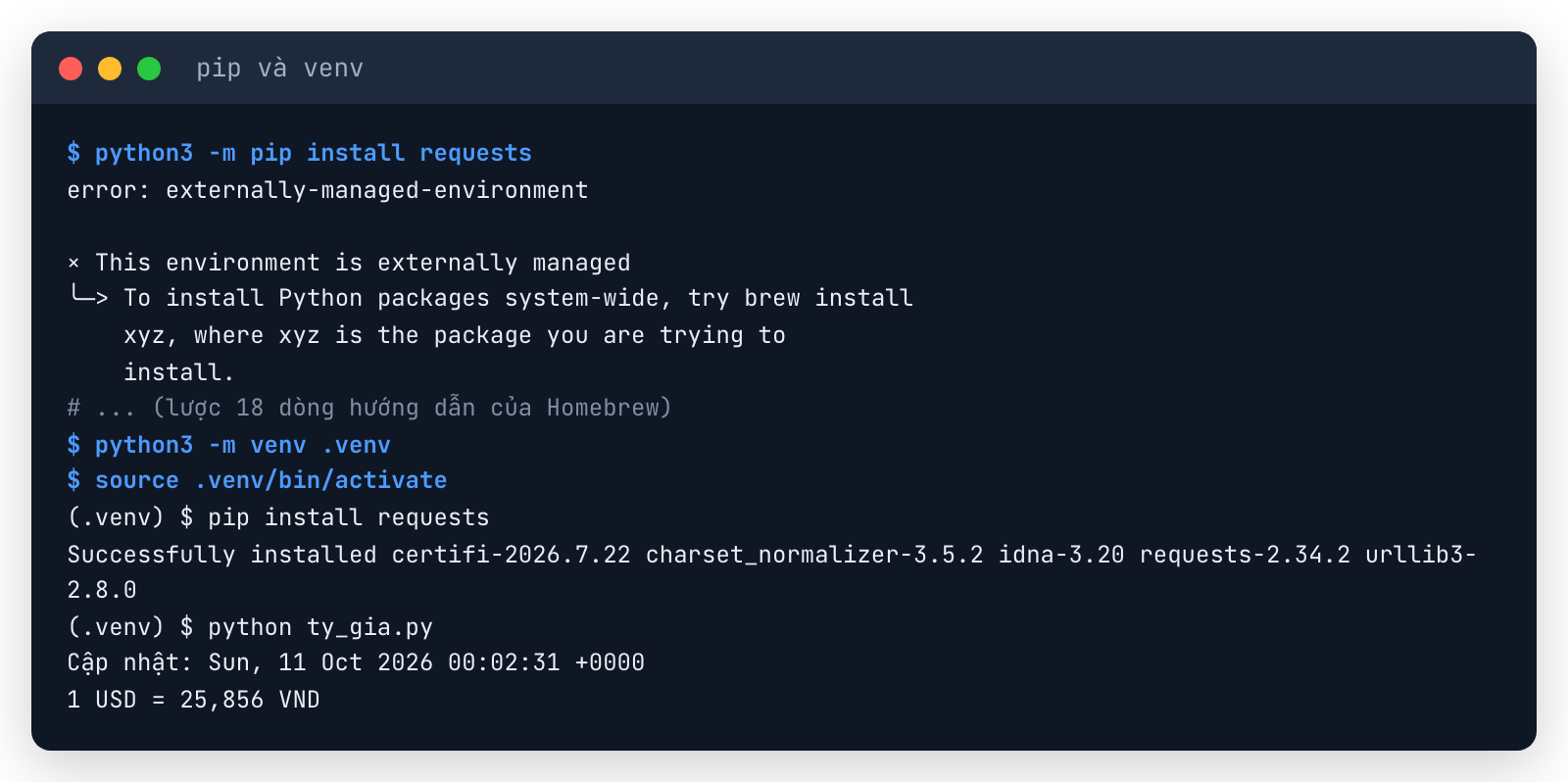 Terminal: pip install báo error externally-managed-environment, sau đó tạo venv, kích hoạt, cài requests 2.34.2 thành công và chạy ty_gia.py in 1 USD = 25,856 VND