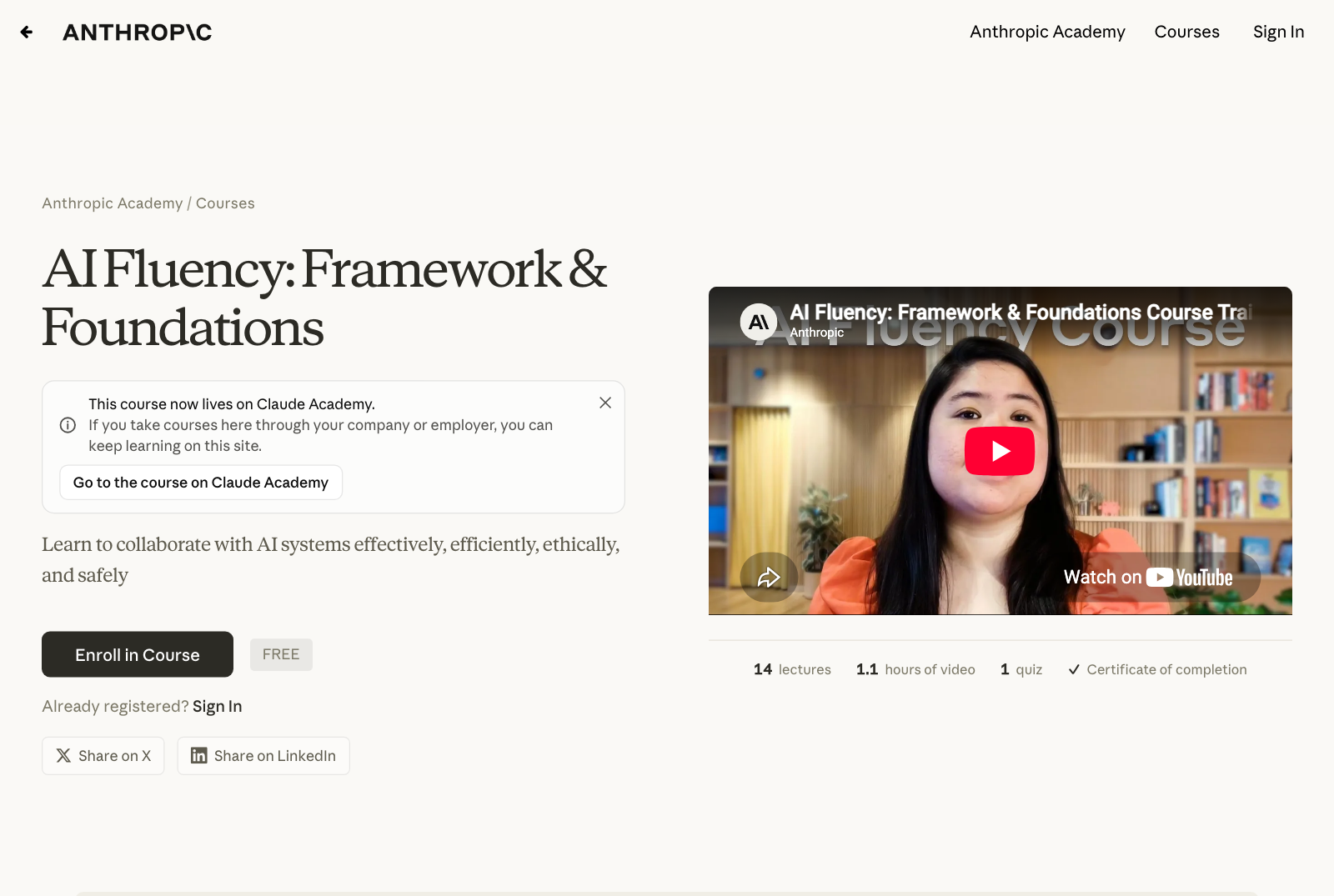 Trang khóa AI Fluency: Framework and Foundations của Anthropic ngày 13/10/2026: miễn phí, 14 bài, 1,1 giờ video, 1 bài kiểm tra, có chứng nhận hoàn thành