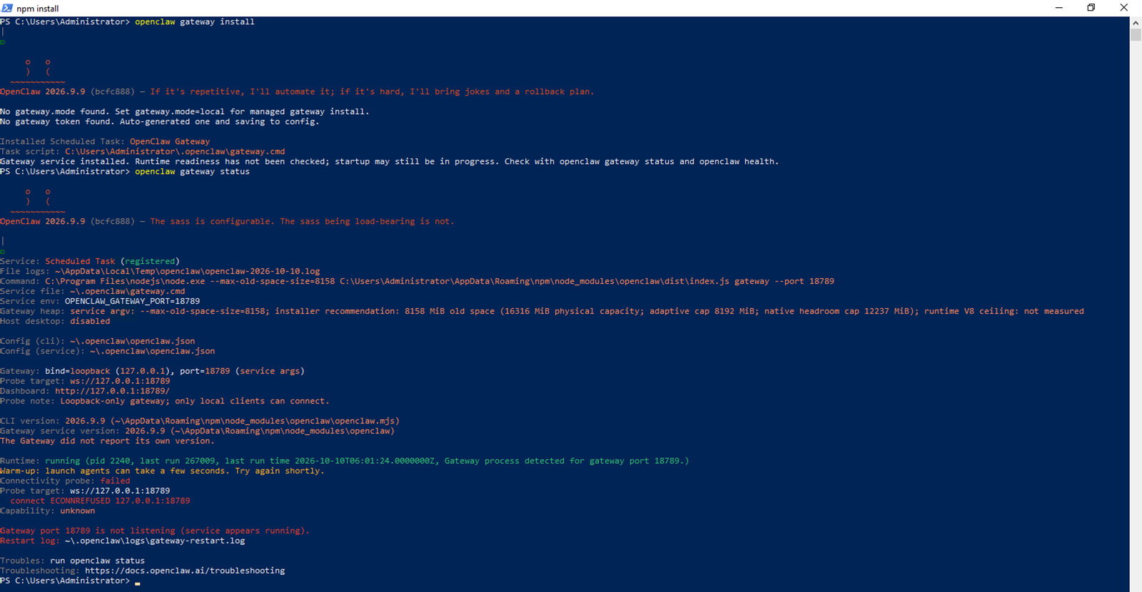 openclaw gateway status trên Windows: Scheduled Task registered, bind loopback 127.0.0.1 cổng 18789, Runtime running