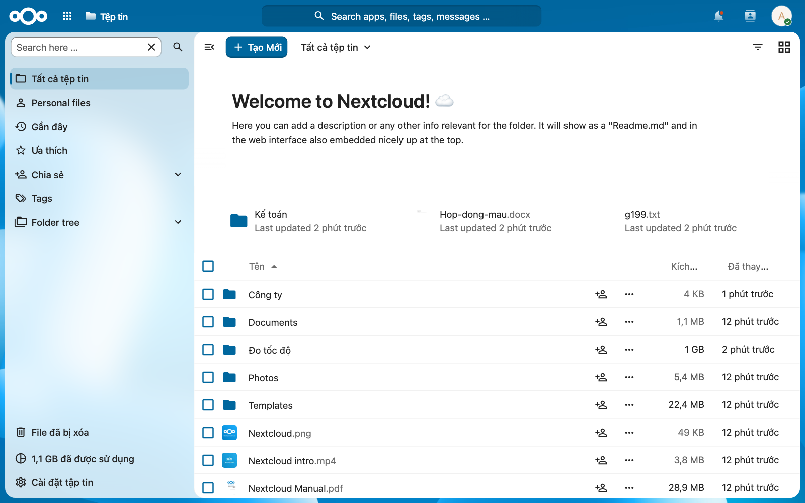 Giao diện Files của Nextcloud tự host bằng AIO, tiếng Việt: thư mục Công ty, Documents, Đo tốc độ, Photos, Templates, dung lượng đã dùng 1,1 GB