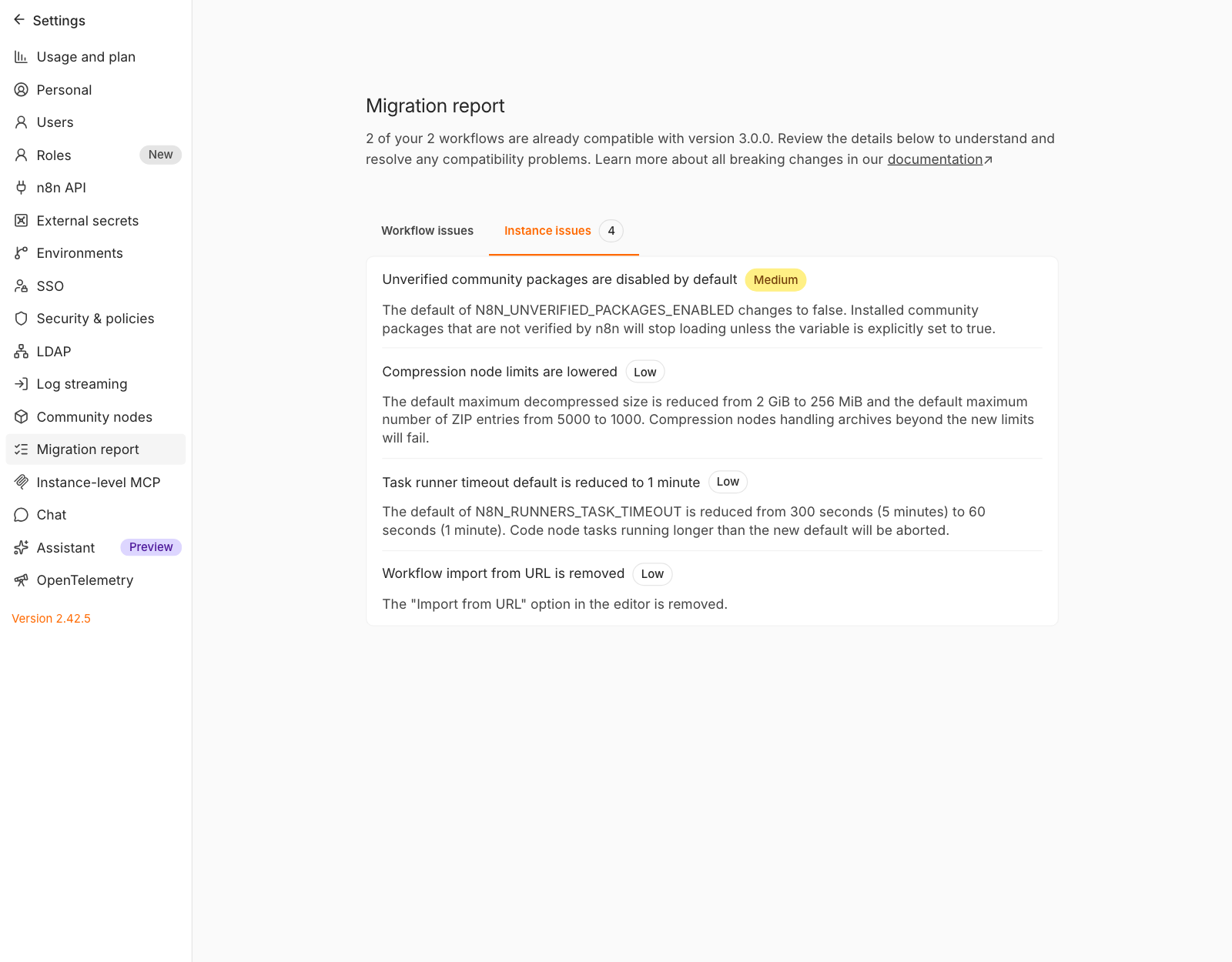 Tab Instance issues của Migration report: unverified community packages, Compression node limits, task runner timeout, Import from URL