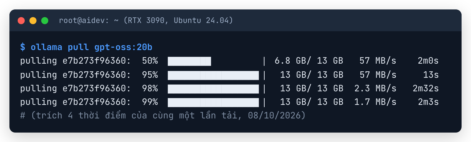 ollama pull gpt-oss:20b: tốc độ 57 MB/s ở 95% rồi tụt còn 1,7 MB/s ở 99%