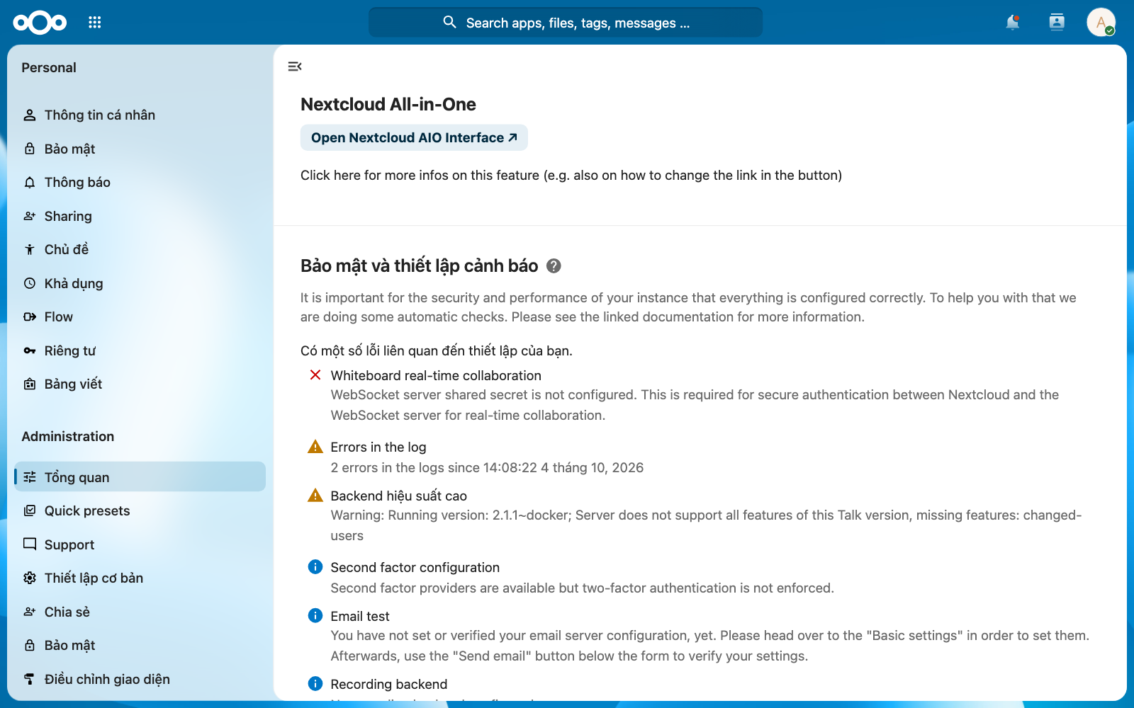 Mục Bảo mật và thiết lập cảnh báo trong Nextcloud sau khi sửa: còn Whiteboard real-time collaboration, Errors in the log, Backend hiệu suất cao, Second factor configuration, Email test
