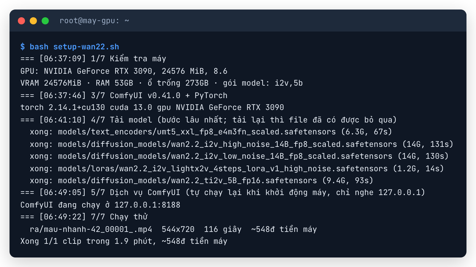 Terminal chạy bash setup-wan22.sh trên máy RTX 3090 mới tạo: cài ComfyUI v0.41.0, tải từng file model kèm số giây, ComfyUI chạy ở 127.0.0.1:8188, clip thử xong trong 116 giây