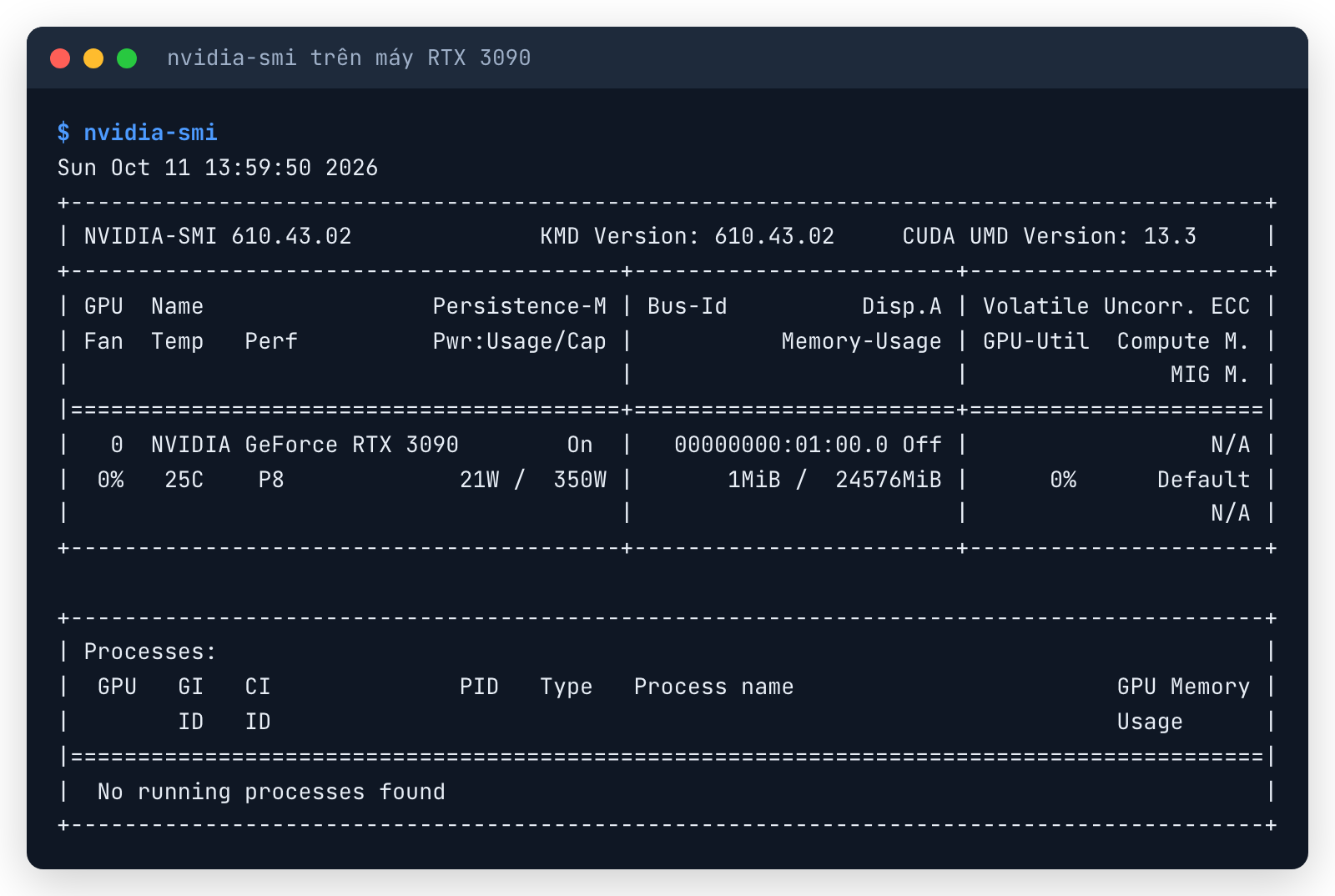 Terminal nvidia-smi trên máy RTX 3090: driver 610.43.02, CUDA 13.3, NVIDIA GeForce RTX 3090, 21W trên 350W, 1MiB trên 24576MiB, chưa có tiến trình nào chạy