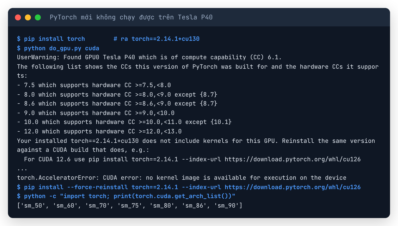 Terminal lỗi PyTorch 2.14.1+cu130 trên Tesla P40: compute capability 6.1 không được hỗ trợ, no kernel image is available; cài lại bản cu126 thì có sm_60