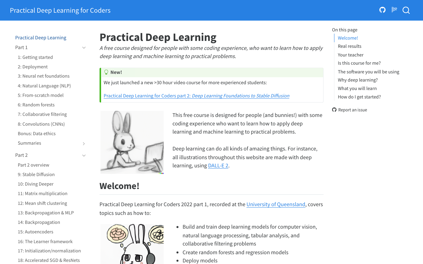 Trang Practical Deep Learning for Coders của fast.ai: khóa miễn phí, danh sách bài ở cột trái, phần giới thiệu dành cho người đã biết lập trình