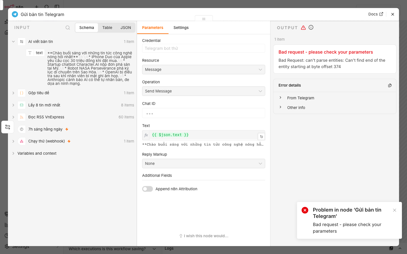 Node Gửi bản tin Telegram báo lỗi Bad request can't parse entities khi chưa đặt Parse Mode, chat_id đã che