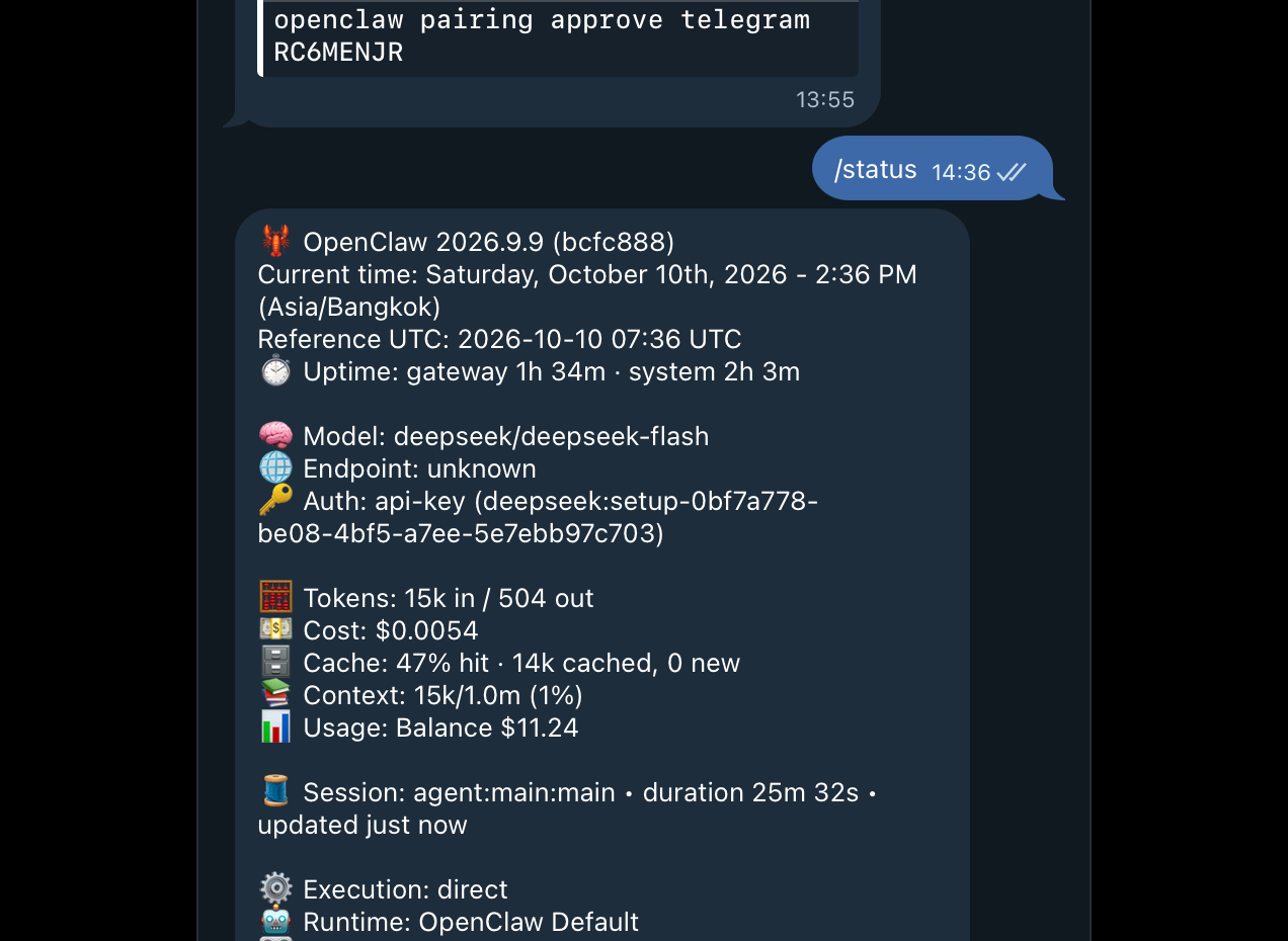 Lệnh /status trên Telegram: model deepseek-flash, 15 nghìn token vào, 504 token ra, chi phí 0,0054 USD, cache 47 phần trăm