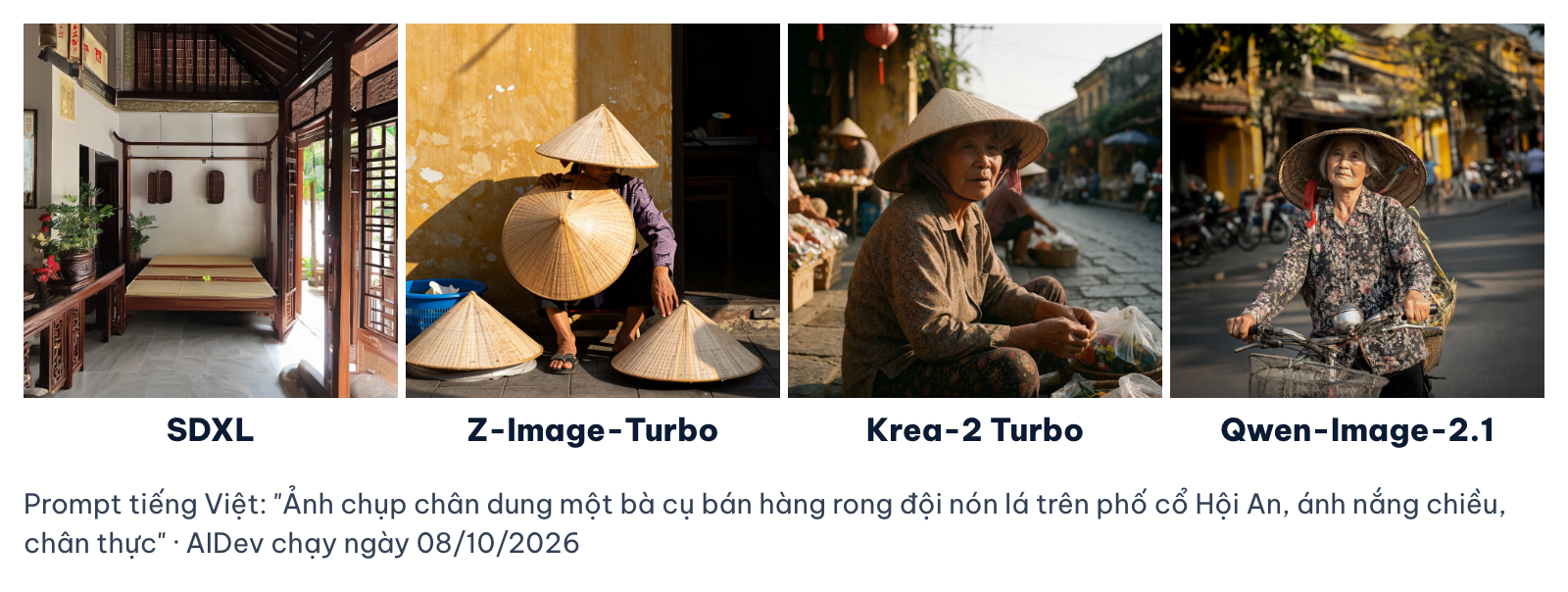 Bốn ảnh tạo từ prompt tiếng Việt về bà cụ đội nón lá ở Hội An: SDXL không hiểu, Krea-2 và Qwen-Image-2.1 ra đúng ý