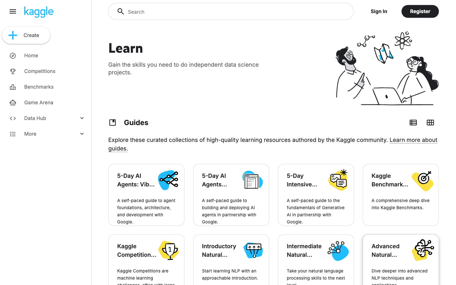 Trang Kaggle Learn với các khóa và hướng dẫn miễn phí về Python, dữ liệu và AI