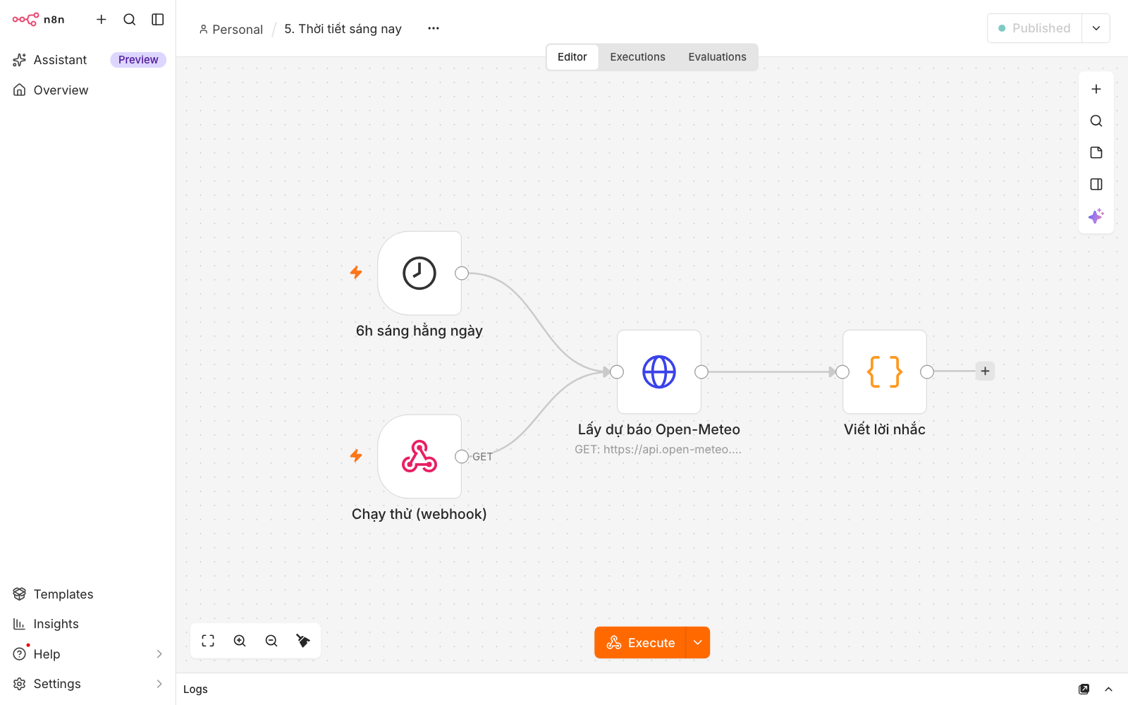Canvas template thời tiết sáng nay trong n8n: trigger 6h sáng và webhook chạy thử, node Lấy dự báo Open-Meteo và node Code viết câu nhắc