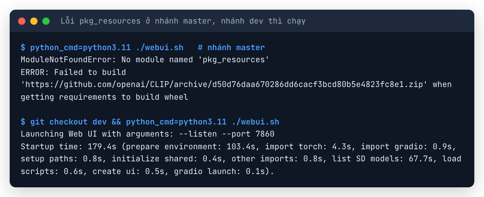Terminal: nhánh master lỗi No module named pkg_resources khi build CLIP; sau git checkout dev thì Launching Web UI, Startup time 179,4 giây
